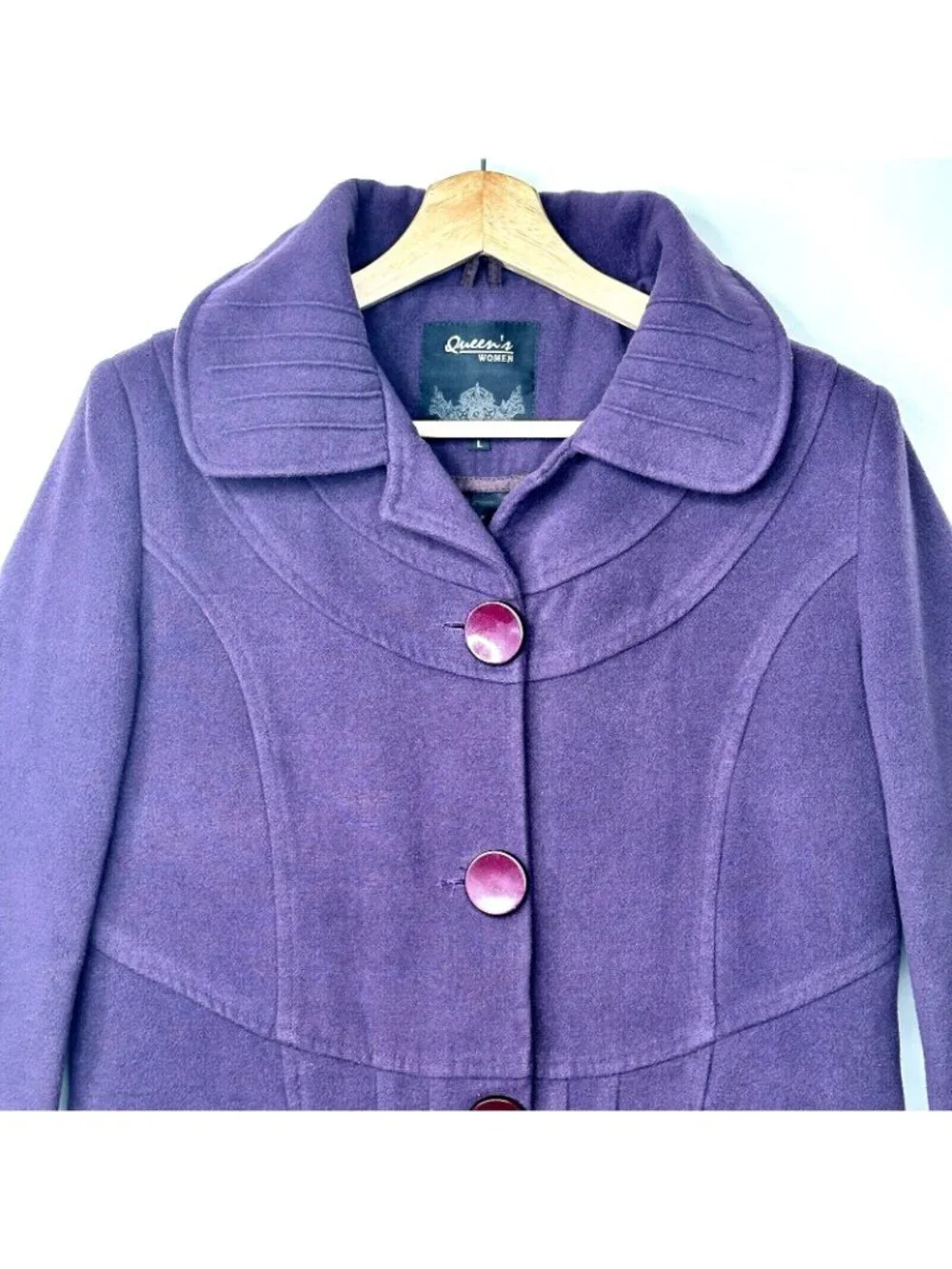 Womens Wool Blend Dress Coat Purple L Shawl Collar Button Front Lined Queens